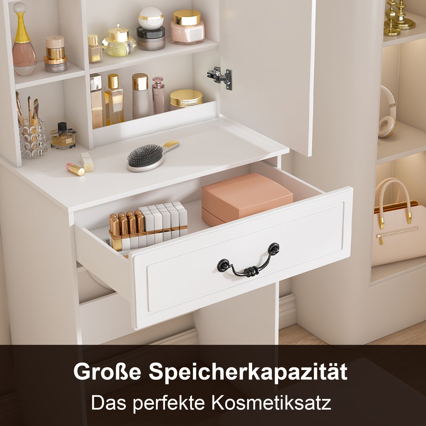 Modernes minimalistisches Schminktisch-Set mit dimmbarem LED-Spiegel – Kompakt mit verstecktem Stauraum, inkl. gepolsterter Hocker, Weiß, B60/H131.5/T36cm.