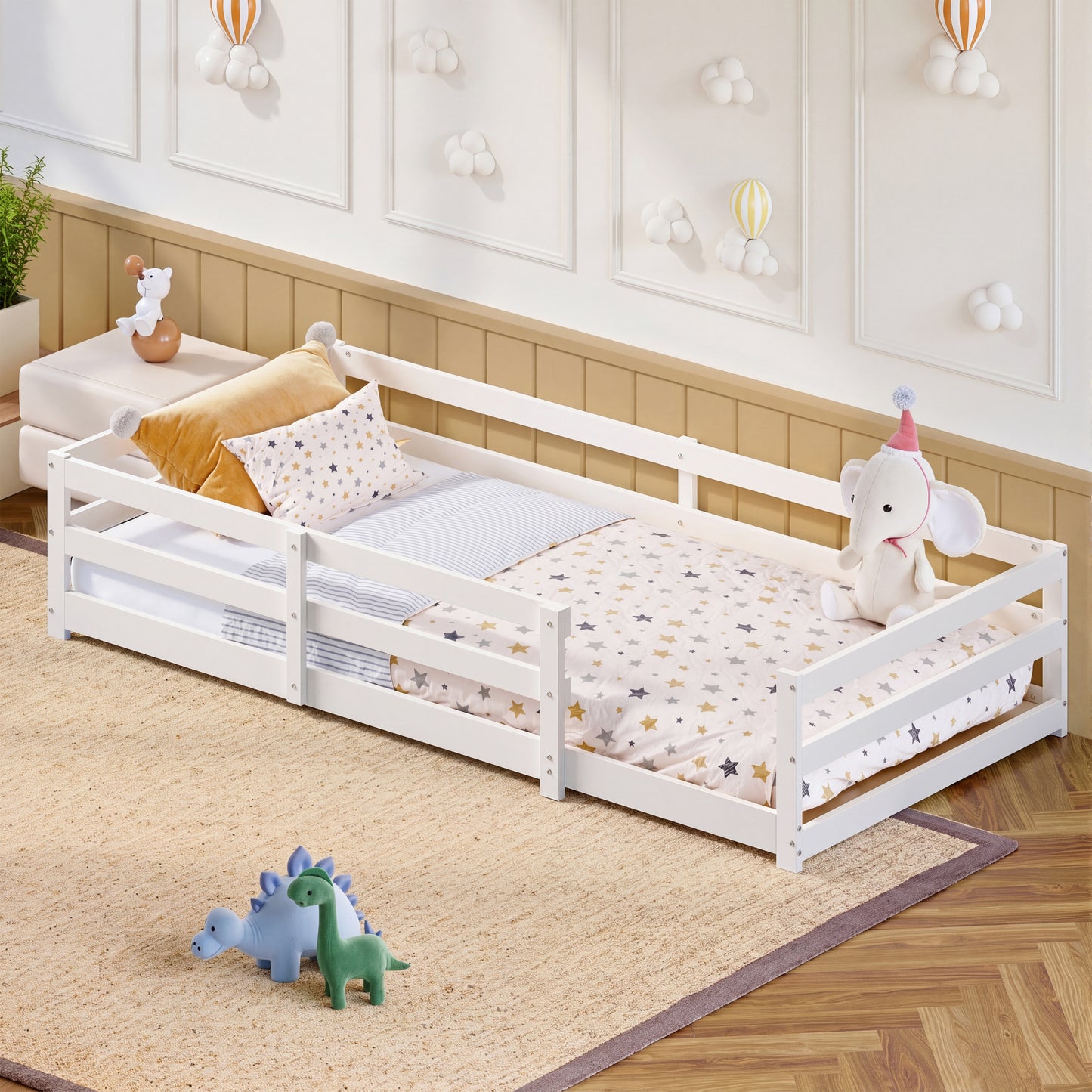 Montessori Bodenbett mit Schutzgitter – Flaches Bett ohne Boxspring nötig, aus Kiefernholz, schnell montiert (90x200 cm, weiß)