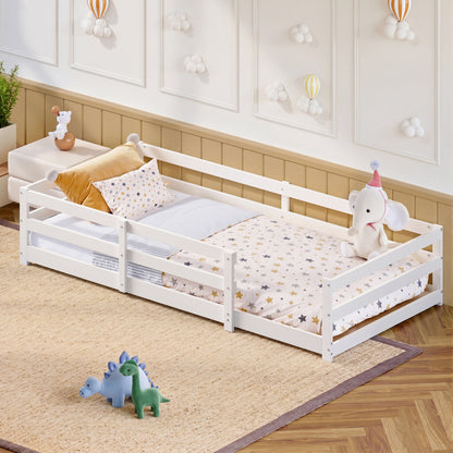 Montessori Bodenbett mit Schutzgitter – Flaches Bett ohne Boxspring nötig, aus Kiefernholz, schnell montiert (90x200 cm, weiß)