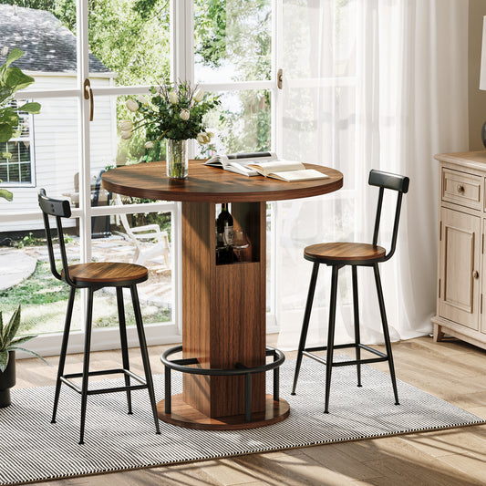 3-teiliges Bar-Tisch- und Hocker-Set 31,5-Zoll-Rundtisch mit zwei Hockern Holz-Esstisch mit ringförmiger Fußstütze aus Metall Geeignet für Esszimmer, Cafés, Bars, Wohnzimmer usw.Walnüsse