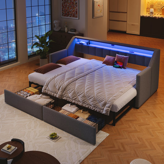Daybett, Tagesbett, Schlafsofa,90 x 200cm, Mit USB und Type-C, LED-Leiste, Mit 2 Schubladen, Stauraumtaschen, Multifunktionales Ausziehbett , Ohne Matratze, Grau