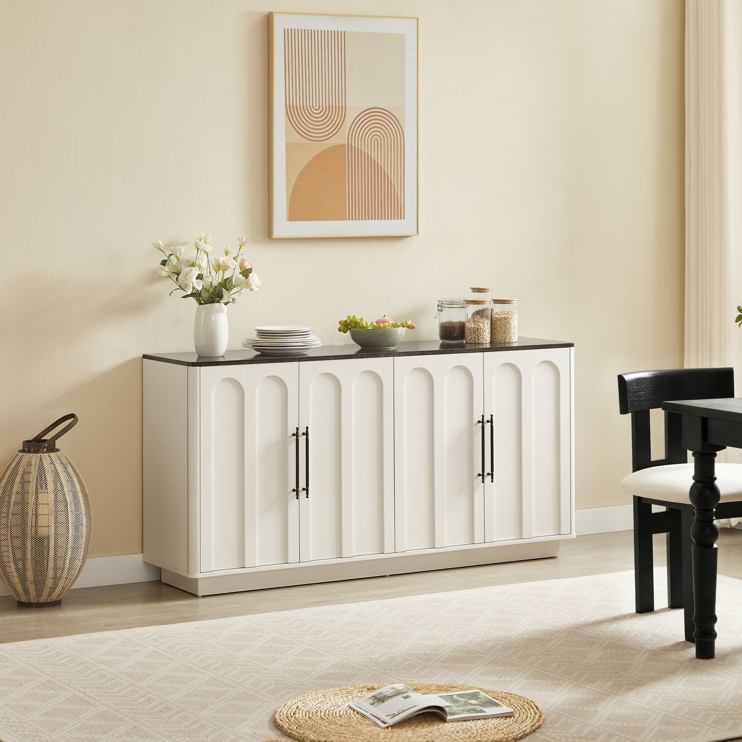 Bogenfront Sideboard mit 4 Türen, Soft-Close Scharnieren & Kippsicherung, 160cm Breiter Aufbewahrungsschrank für Wohnzimmer & Esszimmer, Weiß und schwarz