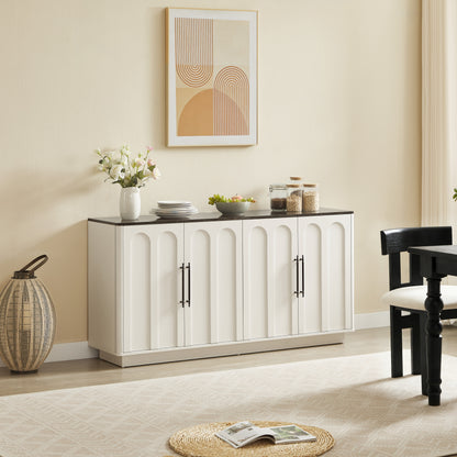 Bogenfront Sideboard mit 4 Türen, Soft-Close Scharnieren & Kippsicherung, 160cm Breiter Aufbewahrungsschrank für Wohnzimmer & Esszimmer, Weiß und schwarz
