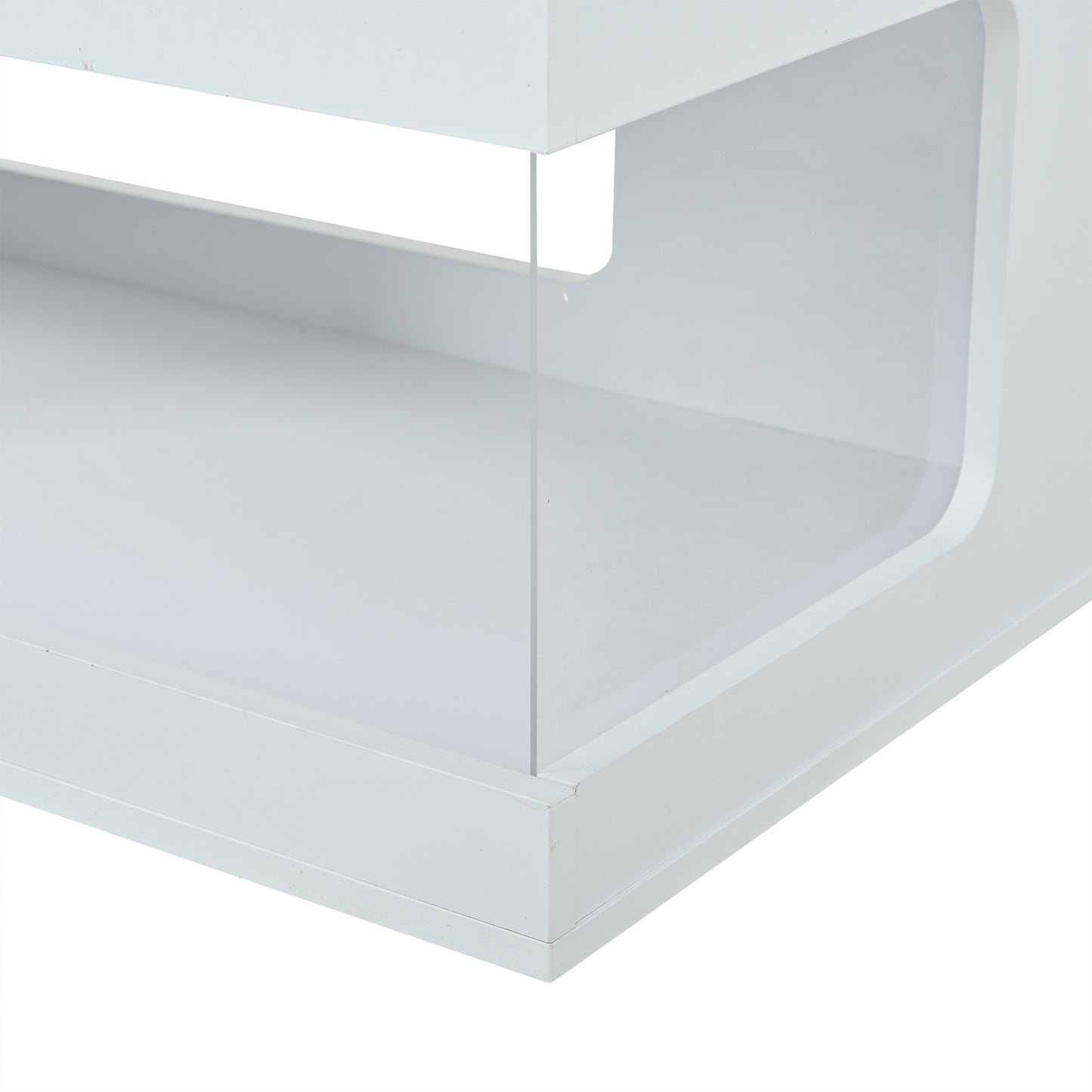 Wohnzimmer-Couchtisch 50*100*35cm, durchbrochener Teetisch, großer Hochglanz-kaffeetisch mit Ablageflächen aus gehärtetem Glas auf beiden Seiten, Beistelltisch mit LED-Lichtleiste, weiß, Spanplatte.