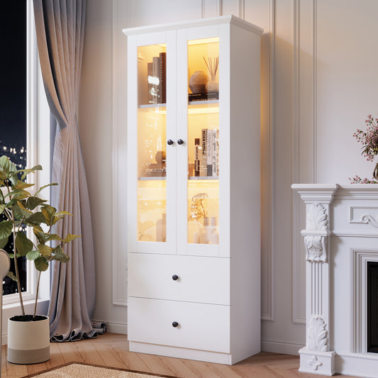 Gigab2b original image - Moderne LED-Vitrine weiß matt 165 cm hoch mit USB-Anschluss, 16-Farben-Fernbedienung, Glasvitrine mit 2 Schubladen, Vertikalvitrine mit verstellbaren Fachböden, Vitrine mit Flügeltüren, MDF-Wohnzimmer