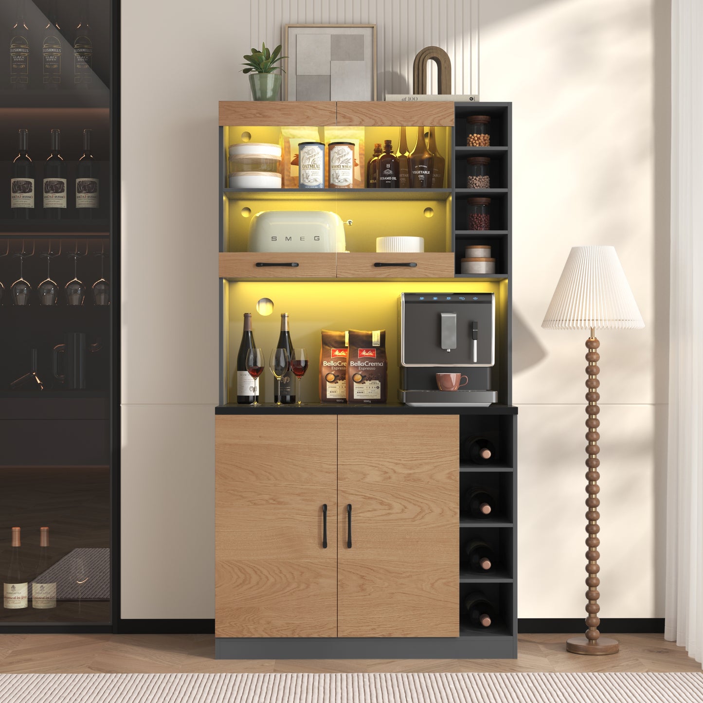100x47x187cm, Küchenschrank, Buffet mit LED-Ambiente-Beleuchtung und Kabellöchern, Küchen-Highboard aus Holz, großer Platz für Mikrowelle, freistehend, höhenverstellbare seitliche Ablagefächer