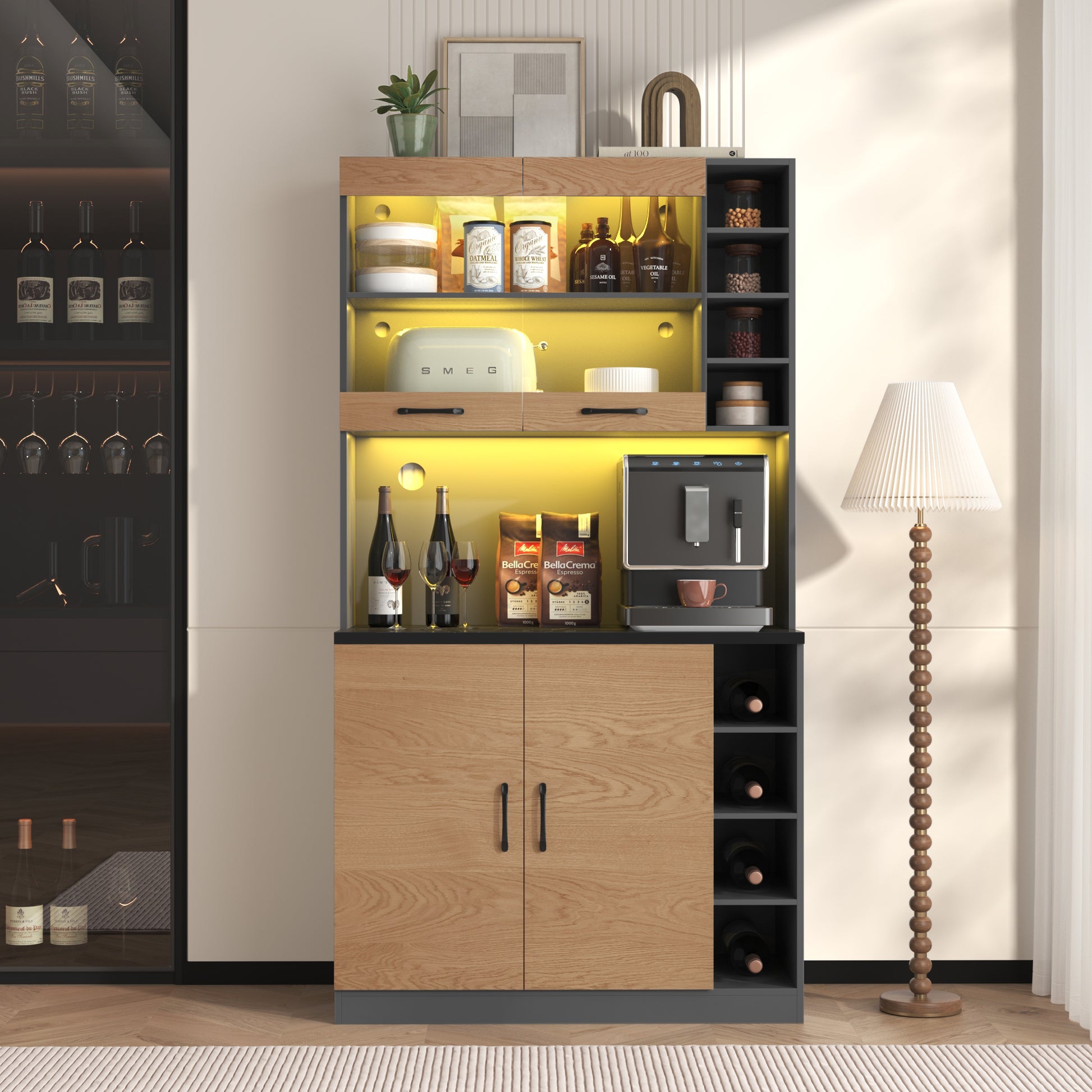 100x47x187cm, Küchenschrank, Buffet mit LED-Ambiente-Beleuchtung und Kabellöchern, Küchen-Highboard aus Holz, großer Platz für Mikrowelle, freistehend, höhenverstellbare seitliche Ablagefächer