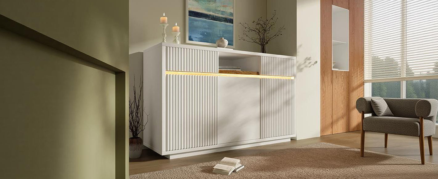 Sideboard Weiß mit LED 140x40x85 cm, Kommode mit 2 Schubladen und 3 Türen, Schrank mit verstellbaren Einlegeböden, moderner Wohnzimmerschrank Flur Küchenschrank