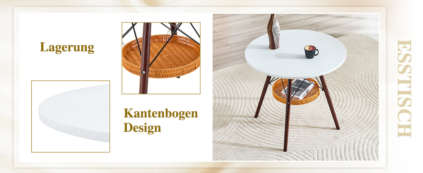 Runder Esstisch Ø 80 cm,Tischplatte aus weißem MDF, Tischbeine aus walnussfarbenem Massivholz, kombiniert mit einer schwebenden, geflochtenen Ablagekorbkonstruktion, geeignet für 2 bis 4 Personen.