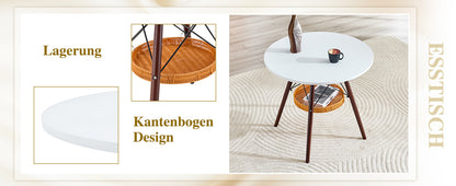 Runder Esstisch Ø 80 cm,Tischplatte aus weißem MDF, Tischbeine aus walnussfarbenem Massivholz, kombiniert mit einer schwebenden, geflochtenen Ablagekorbkonstruktion, geeignet für 2 bis 4 Personen.