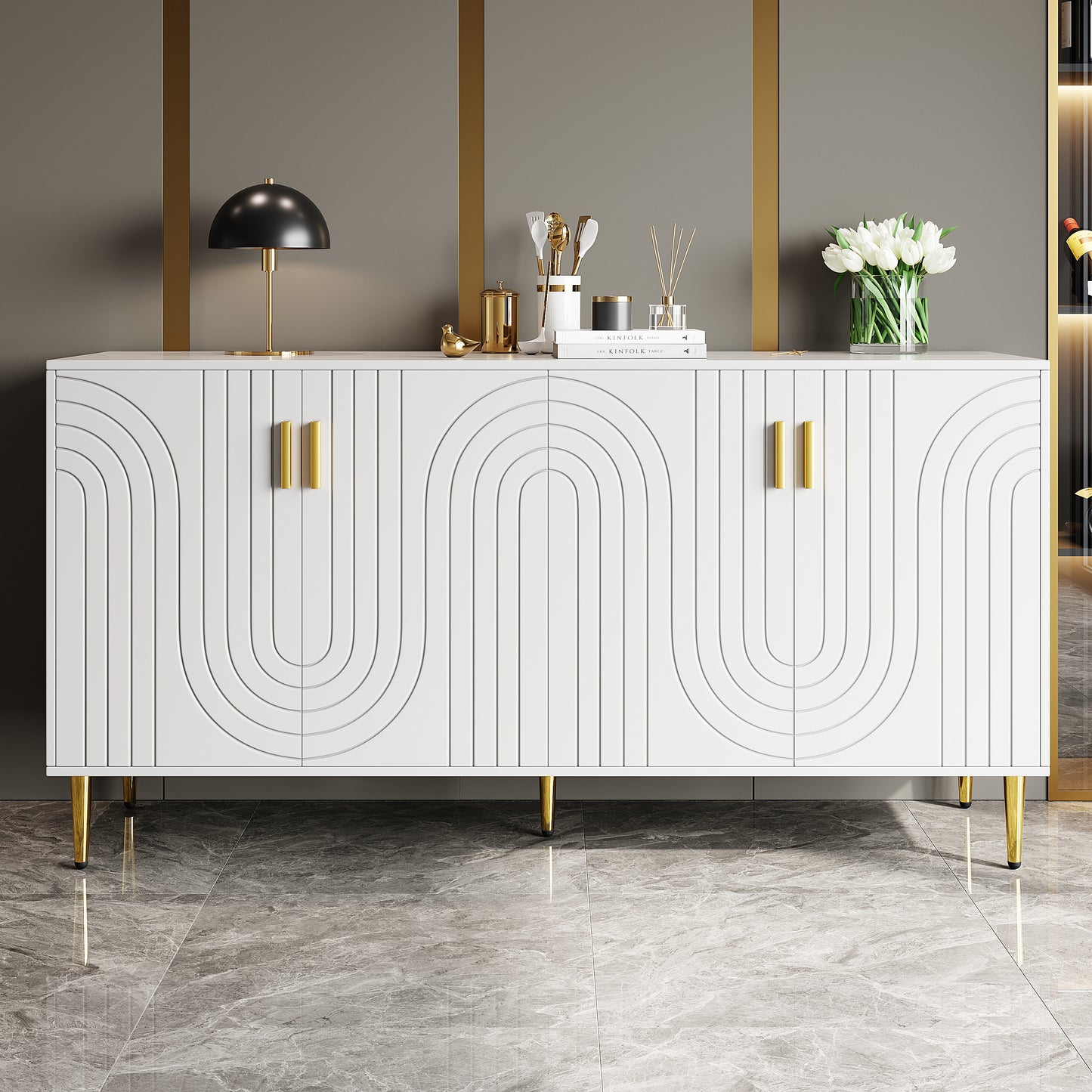Gigab2b original image - Weißes Sideboard (152 x 40 x 75 cm) mit einzigartigem Wellendesign und goldenen Griffen und Füßen für einen eleganten Essbereich
