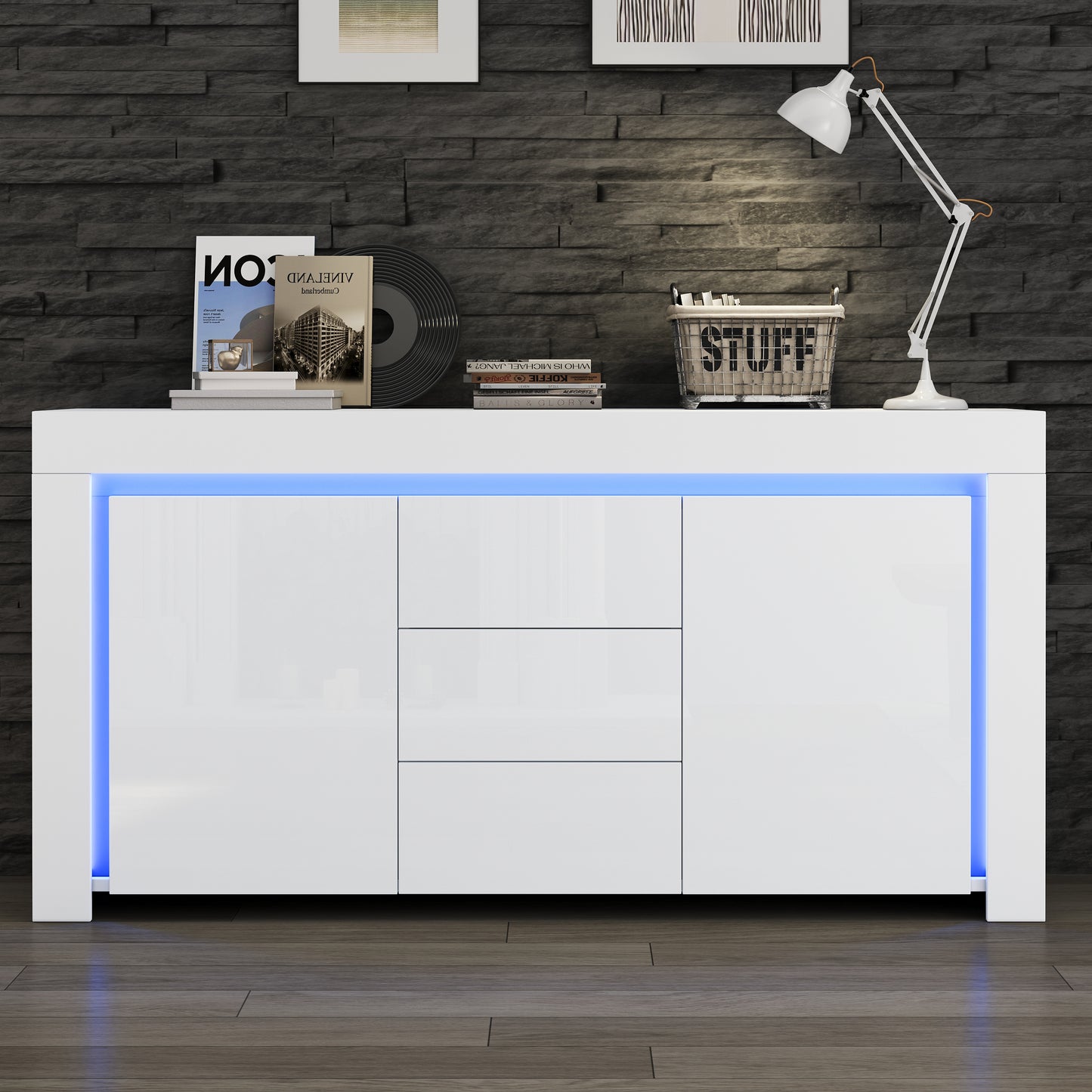 140*40*65cm Wohnzimmerschrank,Moderne Kommode mit 3 Schubladen,2 Türen,Breite 140 cm,Hochglanz Beistellschrank mit LED-Lichtleiste,Sideboard mit Stauraum,Geeignet für Flure, Wohnzimmer, Büros,Weiß