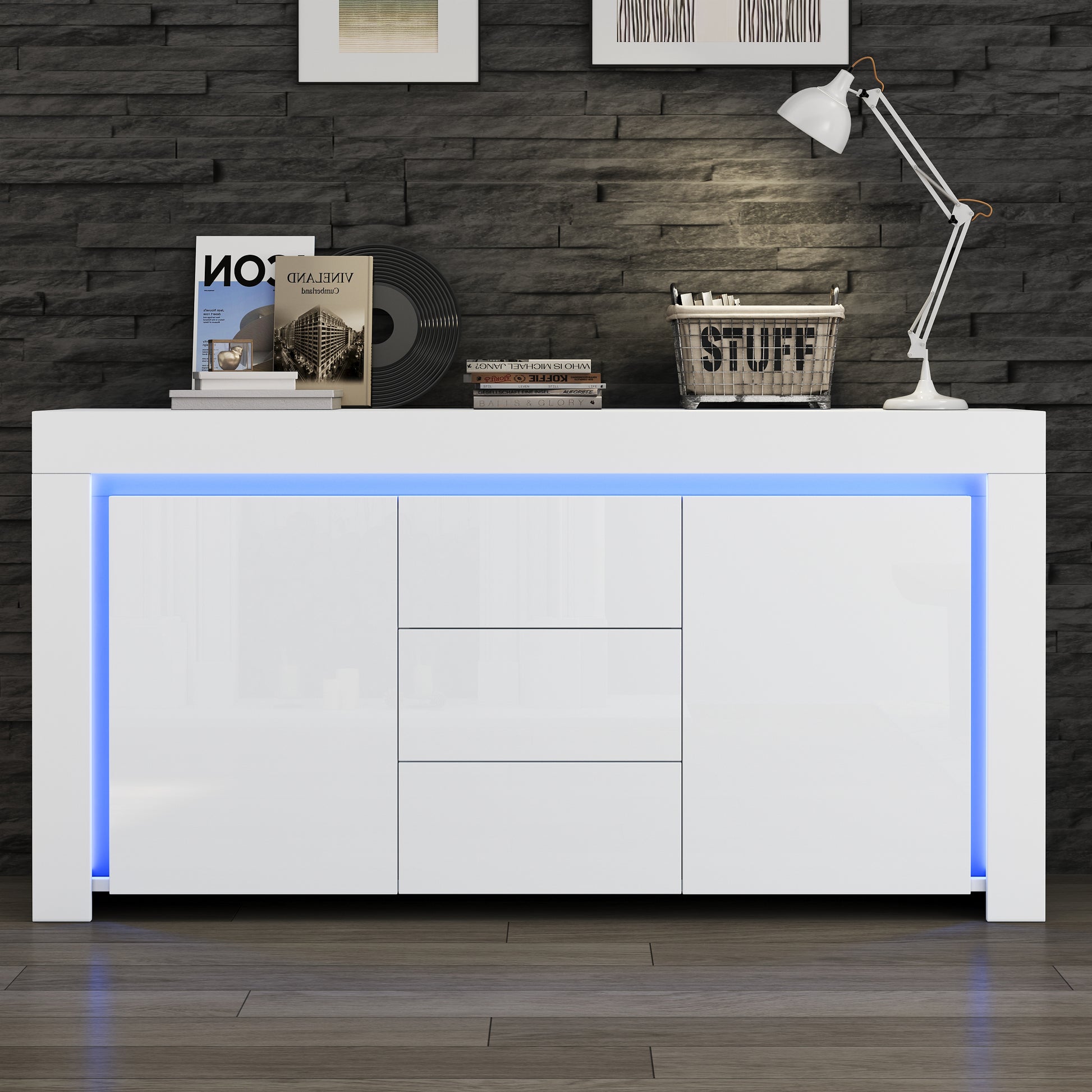 140*40*65cm Wohnzimmerschrank,Moderne Kommode mit 3 Schubladen,2 Türen,Breite 140 cm,Hochglanz Beistellschrank mit LED-Lichtleiste,Sideboard mit Stauraum,Geeignet für Flure, Wohnzimmer, Büros,Weiß