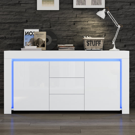 140*40*65cm Wohnzimmerschrank,Moderne Kommode mit 3 Schubladen,2 Türen,Breite 140 cm,Hochglanz Beistellschrank mit LED-Lichtleiste,Sideboard mit Stauraum,Geeignet für Flure, Wohnzimmer, Büros,Weiß