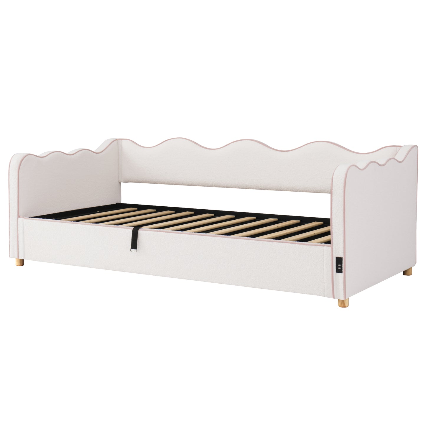 Daybett 90x200 cm mit hydraulischem Stauraum, Polsterbett, Tagesbett, Schlafsofa mit USB & Rückenlehne, bouclé, beige