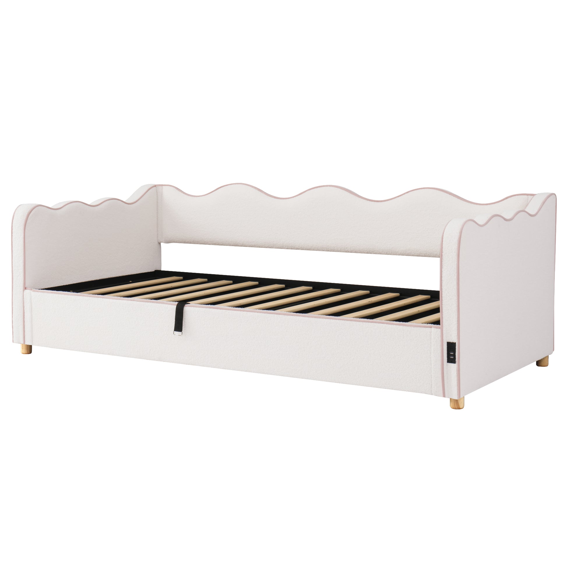Daybett 90x200 cm mit hydraulischem Stauraum, Polsterbett, Tagesbett, Schlafsofa mit USB & Rückenlehne, bouclé, beige
