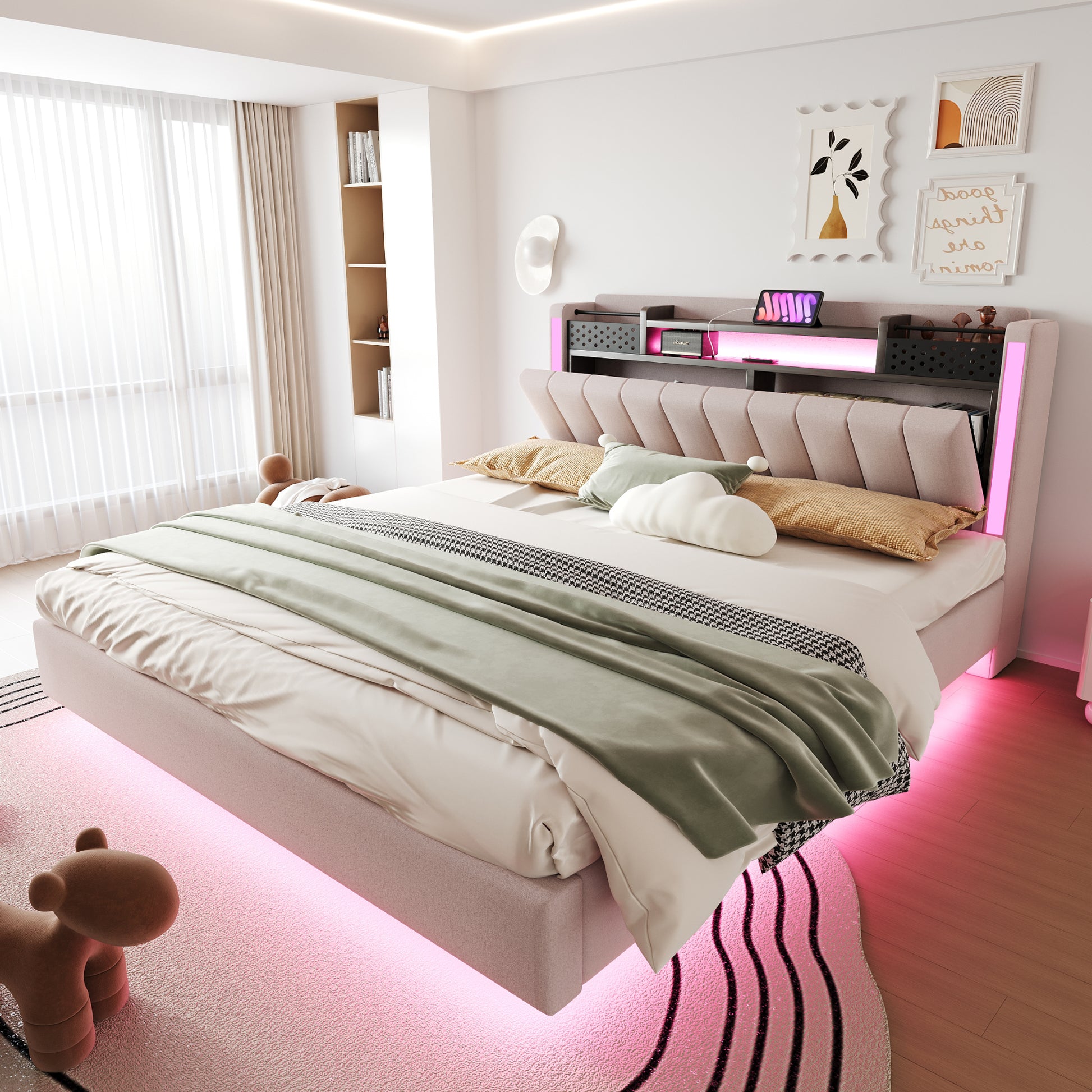 Gigab2b original image - Polsterbett 160*200 mit LED-Beleuchtung und USB-Steckdose, Kopfteil mit Stauraum, Schwebebett Jugendbett Erwachsenenbett, Leinenstoff, Beige