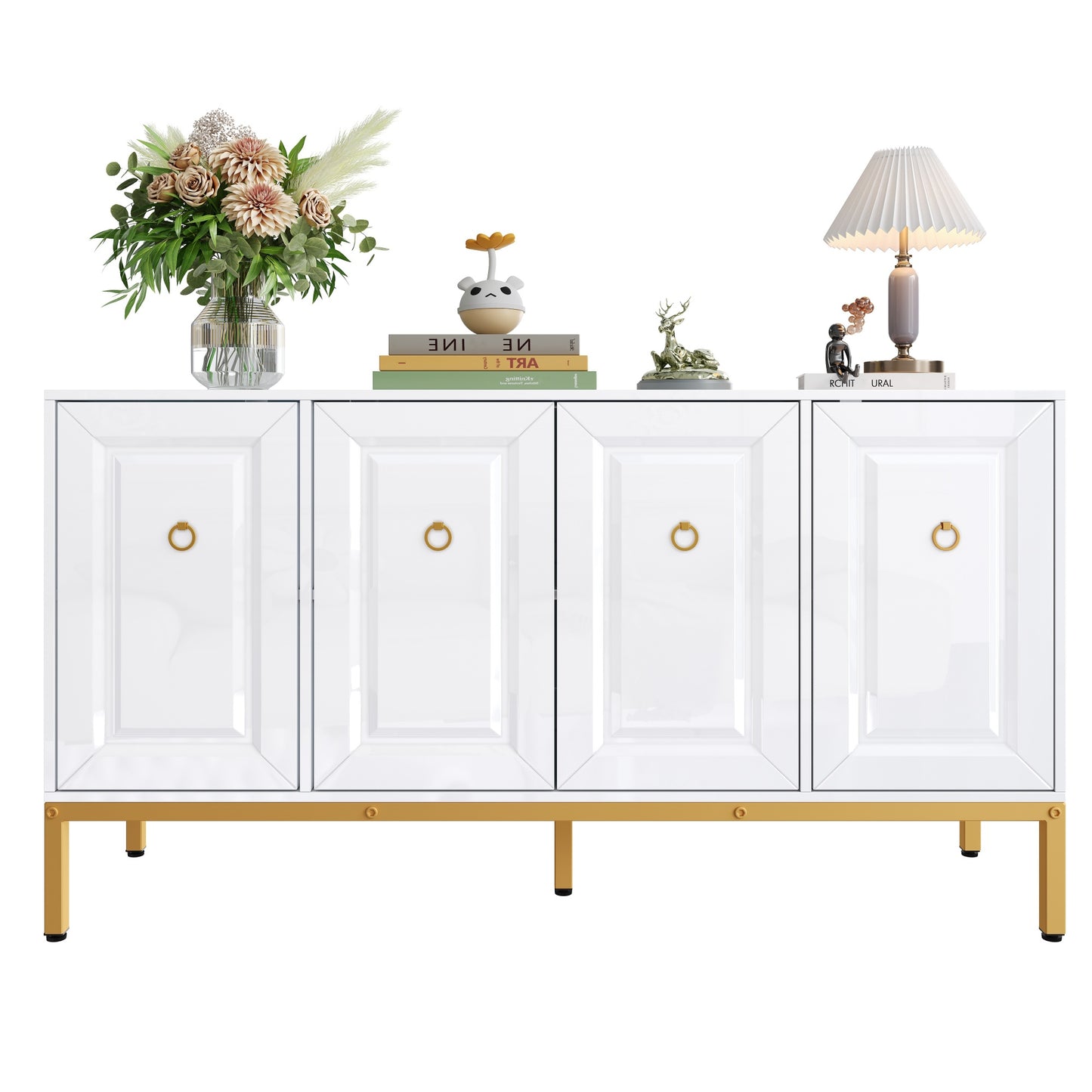 Gigab2b original image - Sideboard, Hochglanz-Aufbewahrungselement, goldene Griffe und Beine, mit Regalen. 140×80×40cm