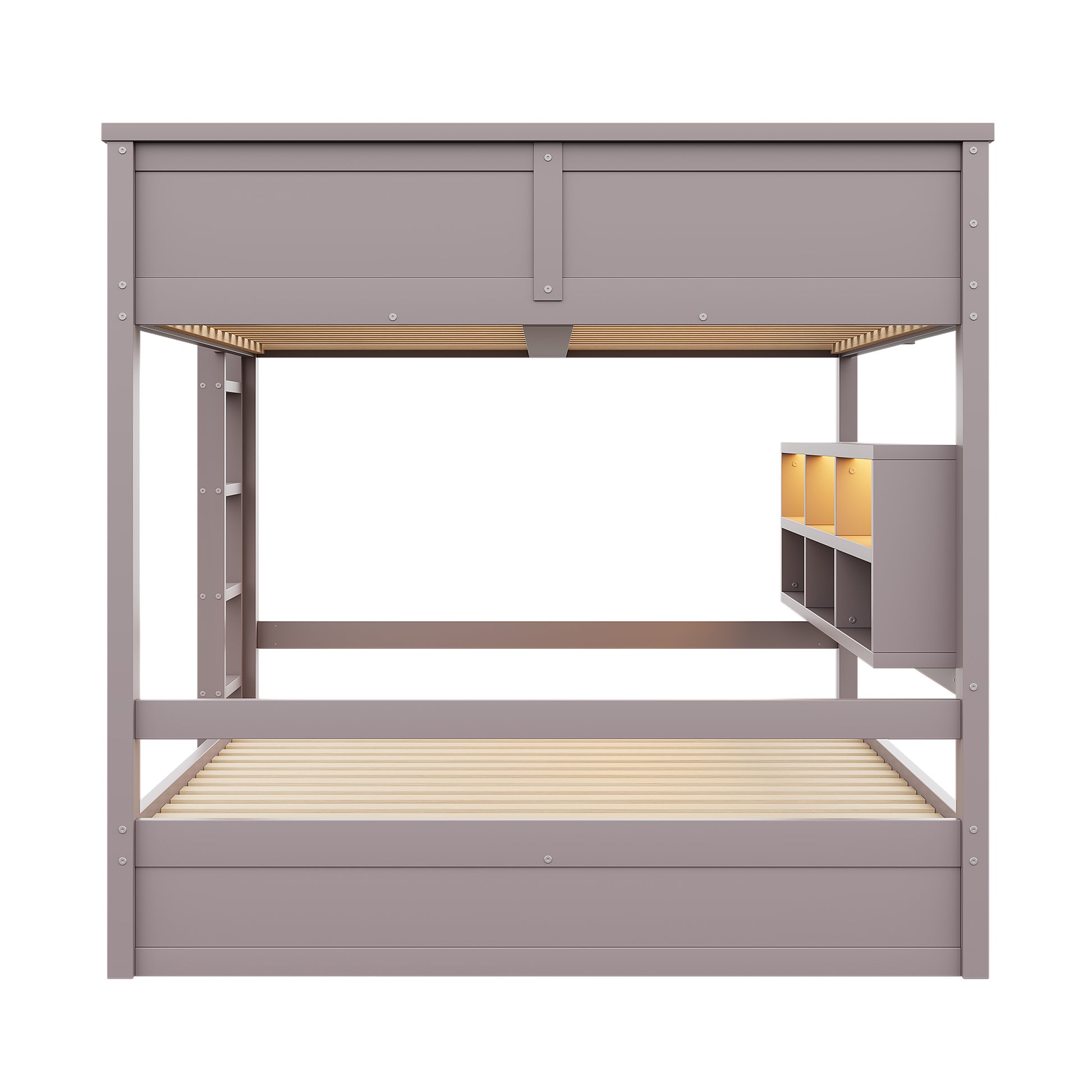 160x200 Etagenbett mit Stauraumschränken und LED-Licht, Braun