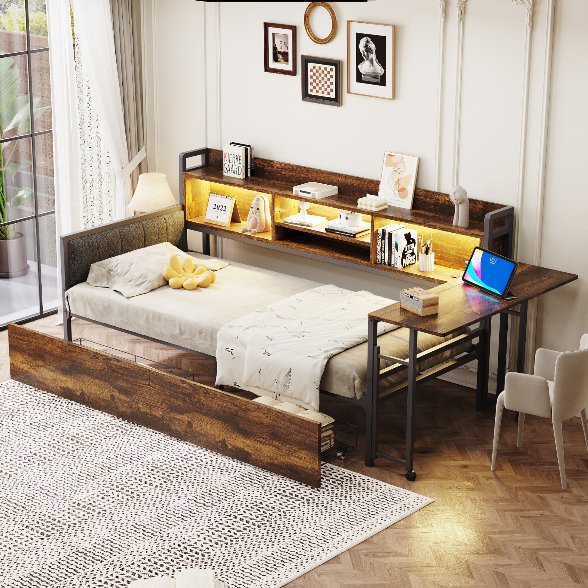 Gigab2b original image - Eisen Sofabett 90 x 200 cm, mit LED-Beleuchtung und Stauraum, mit Schubladen und multifunktionaler Steckdose, Wusklappbarem Schreibtisch, Weicher Rückenlehne, Einzelbett,  Holzfarbe