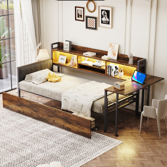 Gigab2b original image - Eisen Sofabett 90 x 200 cm, mit LED-Beleuchtung und Stauraum, mit Schubladen und multifunktionaler Steckdose, Wusklappbarem Schreibtisch, Weicher Rückenlehne, Einzelbett,  Holzfarbe