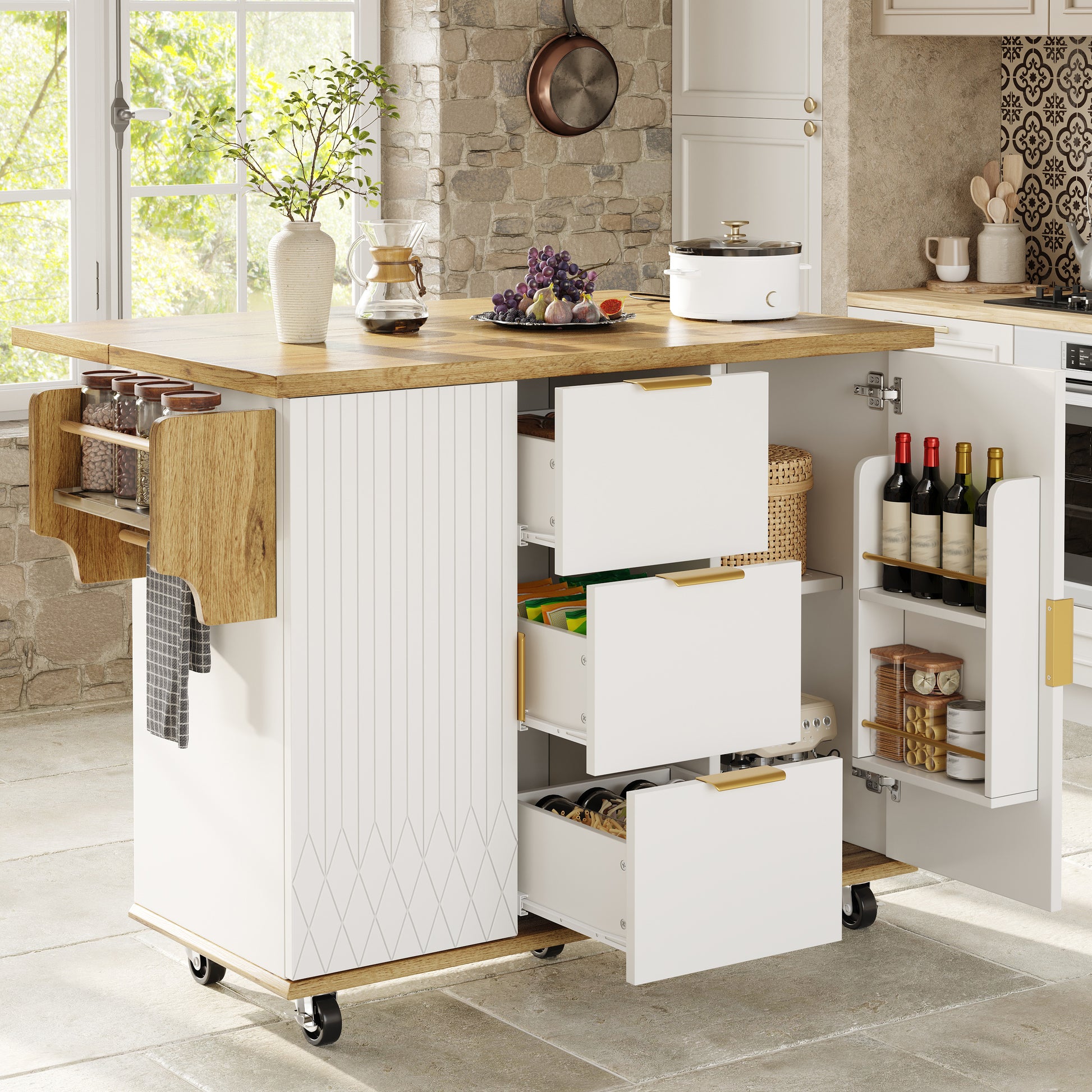 Gigab2b original image - Küchenwagen mit ausklappbarer Arbeitsplatte & Stromanschluss, mobiler Kücheninselschrank mit Rollen, Weiß-Holzoptik, belastbar bis 70kg