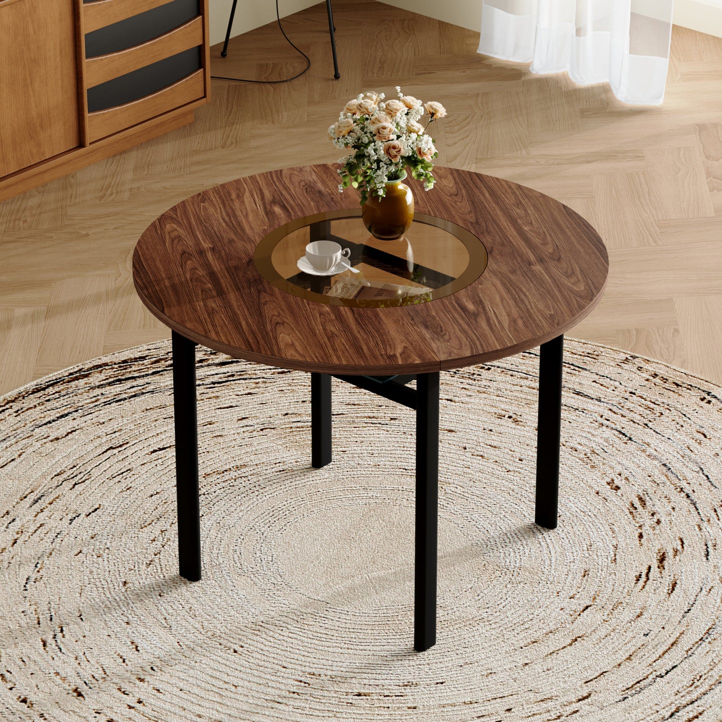 Gigab2b original image - Runder Tisch im modernen minimalistischen Design mit 100 cm Durchmesser und braunem Holzmuster, geeignet für 2-4 Personen (mit eingelassener braungrauer Glasplatte und metallenem Stabilitätsgestell).