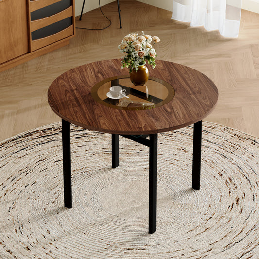 Gigab2b original image - Runder Tisch im modernen minimalistischen Design mit 100 cm Durchmesser und braunem Holzmuster, geeignet für 2-4 Personen (mit eingelassener braungrauer Glasplatte und metallenem Stabilitätsgestell).