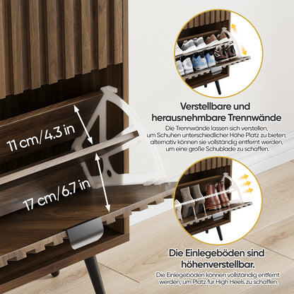60 cm Schuhschrank aus Walnussholz – Freistehende Schuhaufbewahrung im Mid-Century-Modern-Stil mit zwei Klappfächern und gerilltem Design – Ideal für Flure und Eingangsbereiche