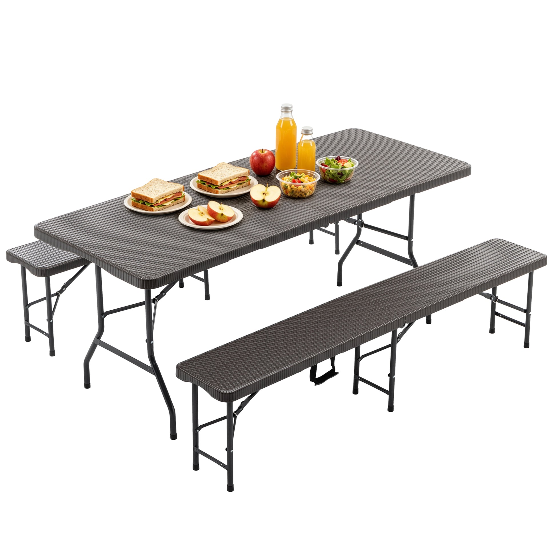 6ft Klappbarer Picknicktisch mit 2 Bänken, 3-teiliges Camping Set, HDPE Tischplatte mit Baummuster, Sicherheitsverriegelung, UV- & wasserbeständig, Braun