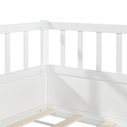 Solid Wood Montessori Floor Bed with Safety Railing and Slatted Frame