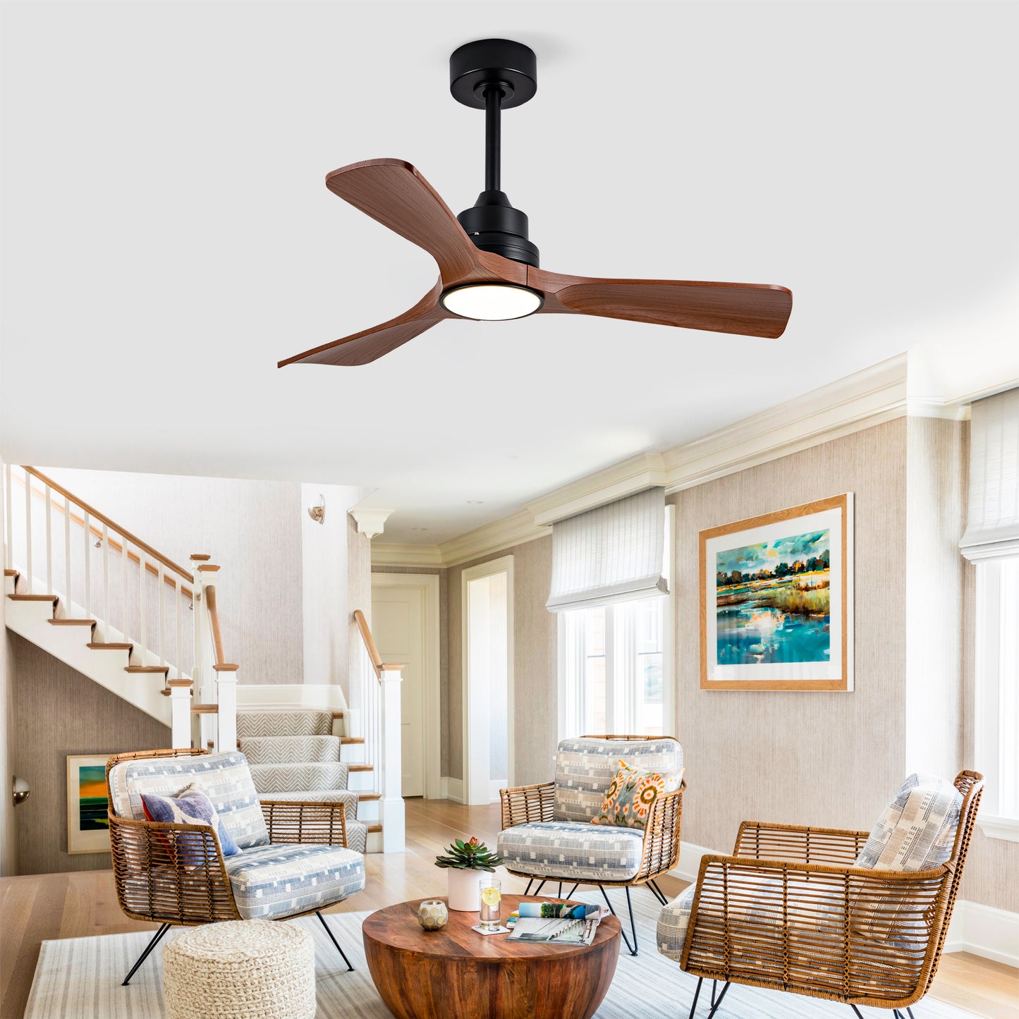 42-Zoll-Deckenventilator mit Licht und Fernbedienung, dimmbar, moderner Deckenventilator in Walnussfarbe, leiser DC-Motor, Innen- und Außenventilator mit Licht für Terrasse, Schlafzimmer, Büro (kein M
