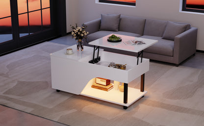 50 x 100 x 46 cm höhenverstellbarer Wohnzimmer-Couchtisch,Beistelltisch mit verstecktem Stauraum,Durchbrochener kaffetisch,Hochglänzender LED-Sofatisch,Teetisch mit seitlicher Ablage,Weiß