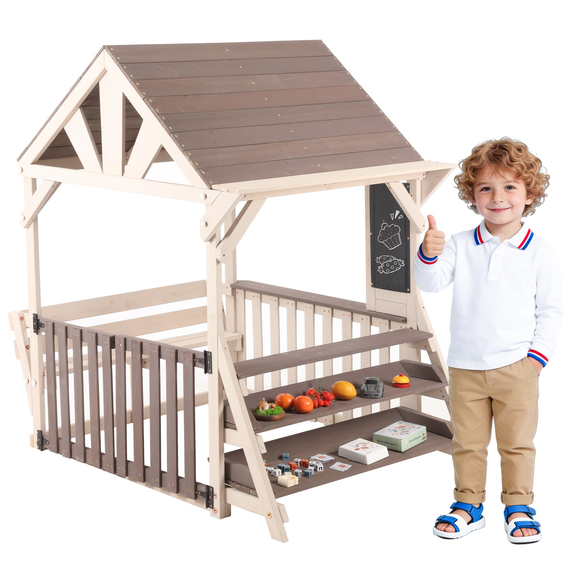 Gigab2b original image - Hausförmiges Outdoor-Küchenspielset aus Holz mit regensicherem Dach und halbhohen Geländern, mit einem Mehrzweck-Pflanzen- und Spielzeugregal, Geeignet für Kinder ab 3 Jahren, Outdoor-Spielhaus (Grau)