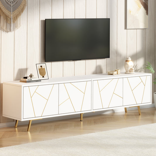 190 x 40 x 51,5 cm großer TV-Schrank für das Wohnzimmer mit 4 Schranktüren, lowboards  mit 5 Metallbeinen,190 cm lang, geeignet für Fernseher mit einer Bildschirmdiagonale von ca. 85 Zoll, weiß-golden