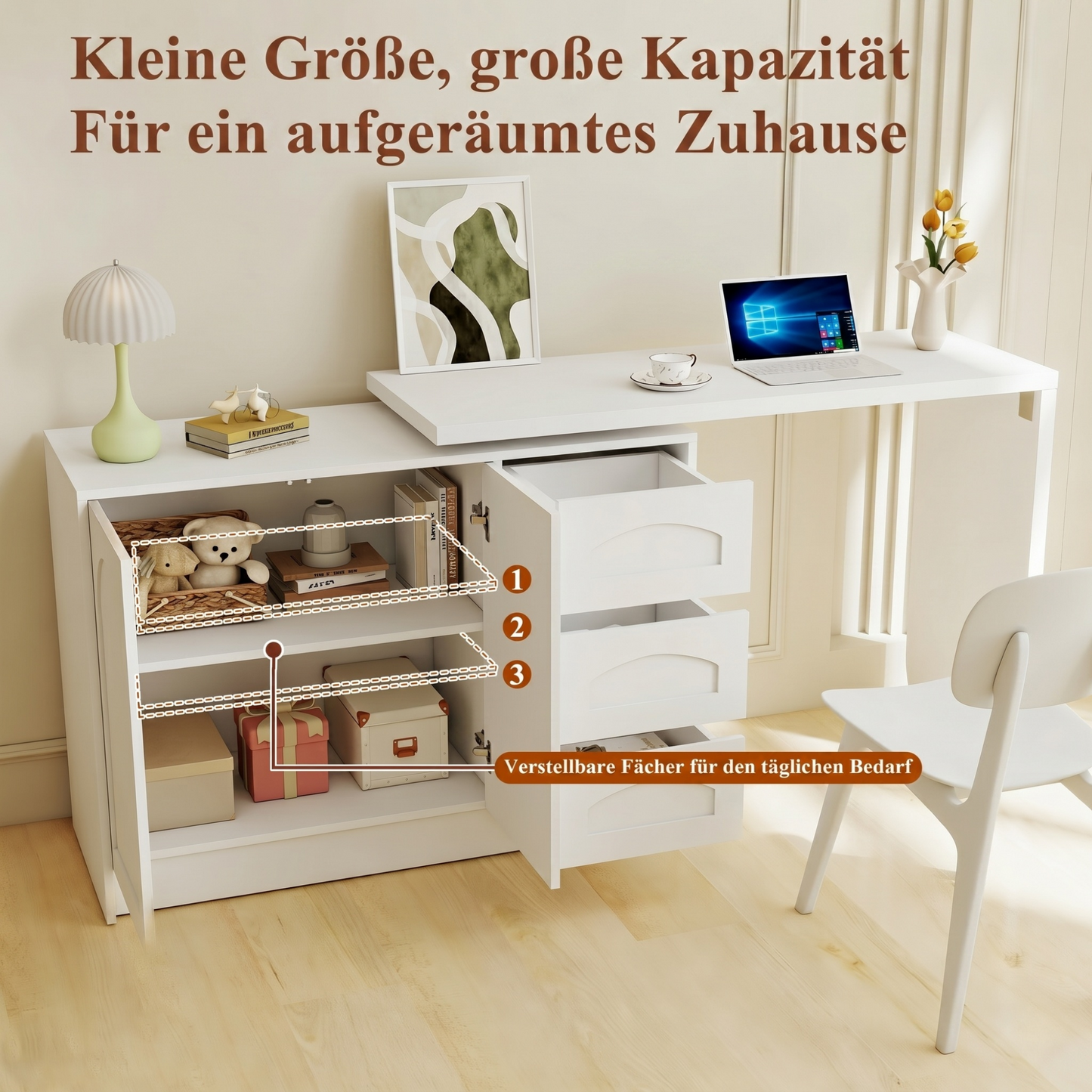 Schreibtisch Drehbar 360°, Moderner L-Form Eckschreibtisch Weiß mit 3 Schubladen und Schrank, Platzsparender Computertisch Arbeitstisch für Home Office & Arbeitszimmer-H75/B110-170/T40cm
