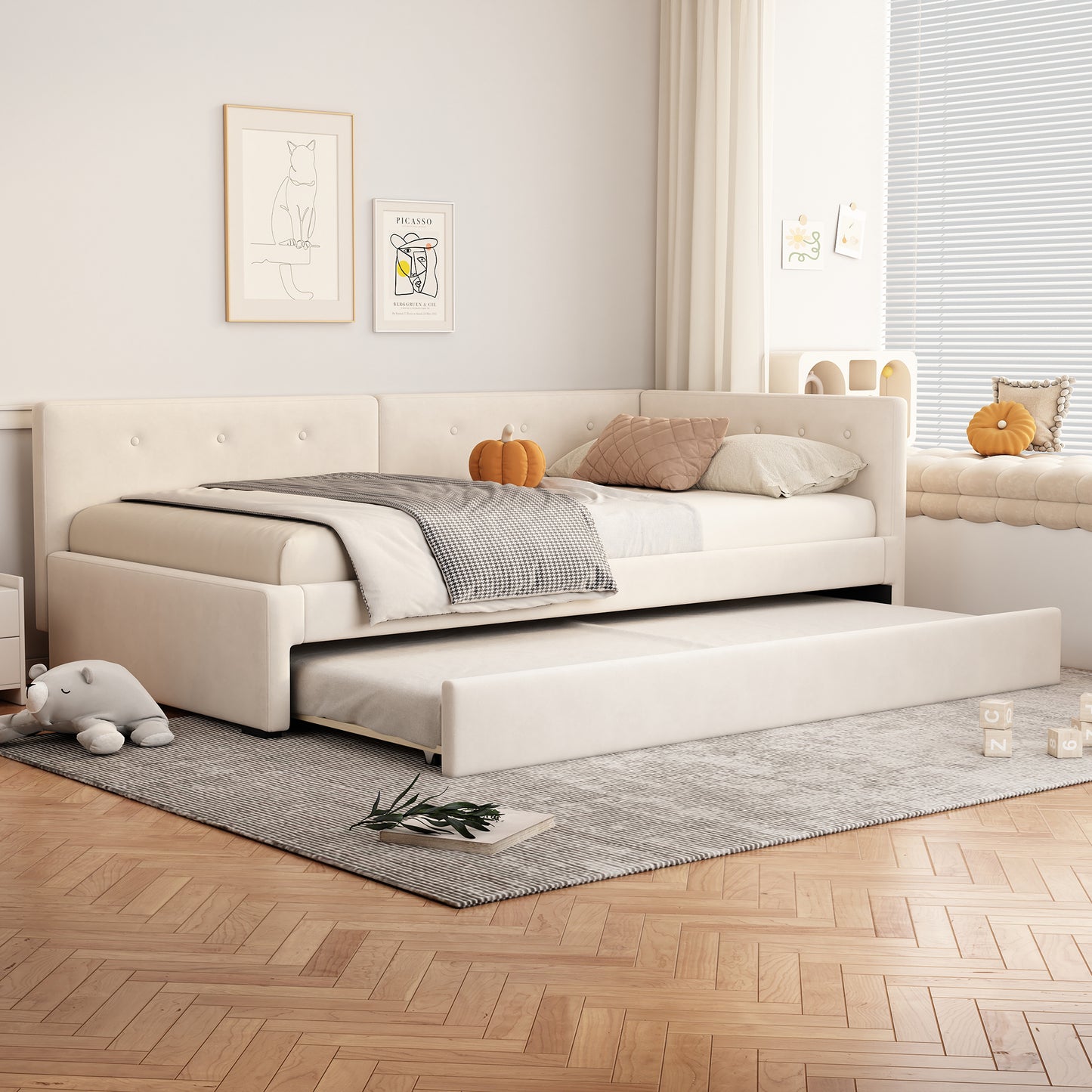 Daybett 90x200cm, Tagesbett mit Rollbett, Schlafsofa, Einzelbett (Ohne Matratze), Minimalistisches Styling, Beige