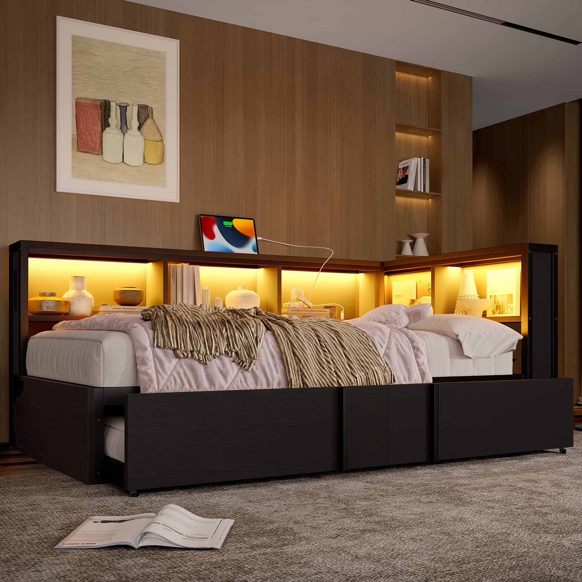 Gigab2b original image - Metall-Tagesbett, 90 x 200 cm, mit Ausziehbett, Stauschränken, LED-Beleuchtung und USB-Anschlüssen, schwarz