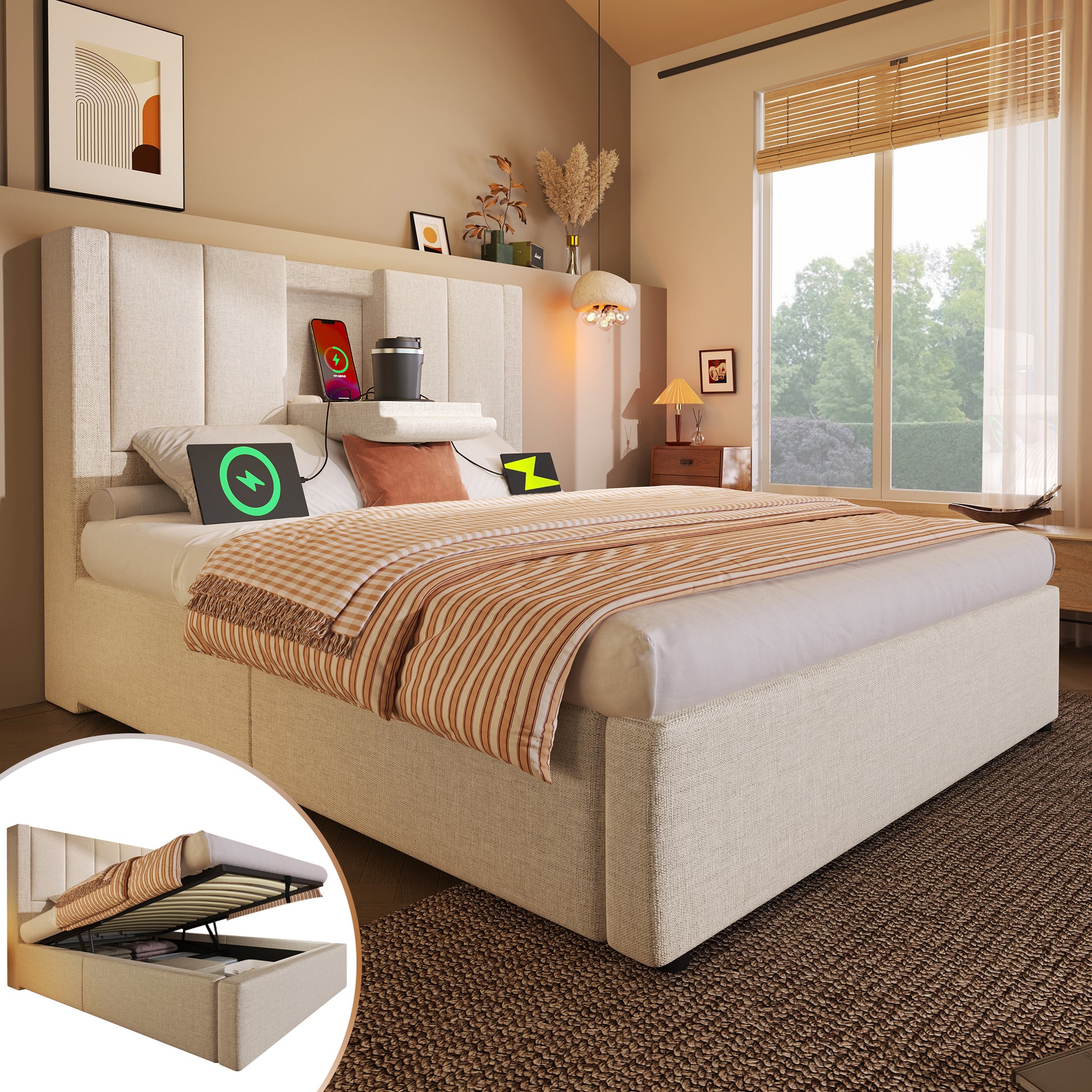 Gigab2b original image - Polsterbett 90x200 cm Einzelbett mit verstecktem Becherhalter & Ladestation, Hydraulisches Bett mit Stauraum unter dem Bett, Inkl. Lattenrost, Leinen Beige (Ohne Matratze)