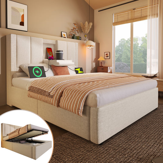 Gigab2b original image - Polsterbett 90x200 cm Einzelbett mit verstecktem Becherhalter & Ladestation, Hydraulisches Bett mit Stauraum unter dem Bett, Inkl. Lattenrost, Leinen Beige (Ohne Matratze)