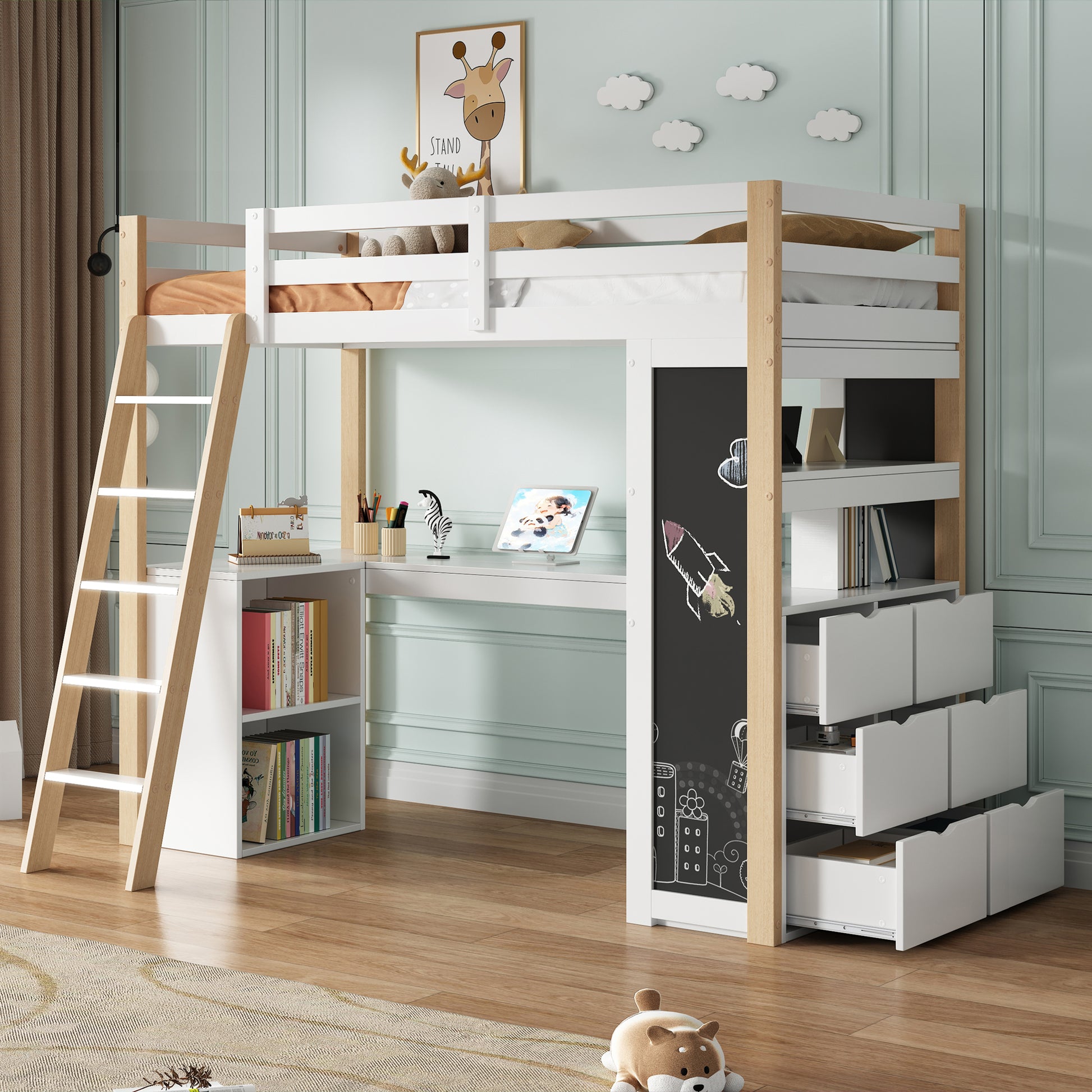 Gigab2b original image - Kinderhochbett, Multifunktionales Kinderbett, Mit Leiter, Schreibtisch, Ablagefach, Großraumschublade, Tafel, Regal,Weiß + Natur, 90*200