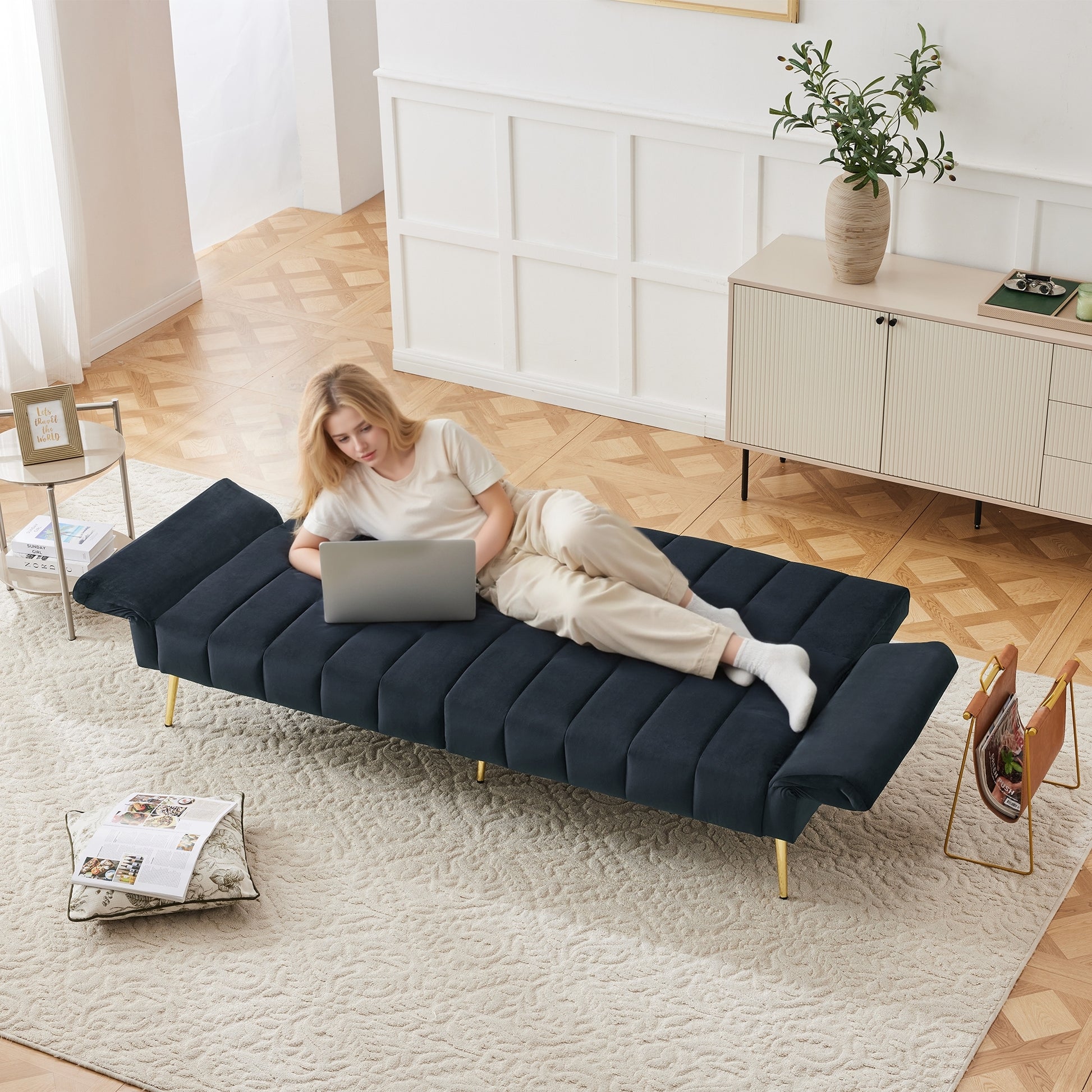 Gigab2b original image - Modernes klappbares Schlafsofa, Schlafsofa mit Hilfsfüßen, mit Schlaffunktion, Samtstoff, geeignet für Wohnzimmer, Schlafzimmer, Heimkino, Gästezimmer. Video verfügbar [old sku:N653P260506D]