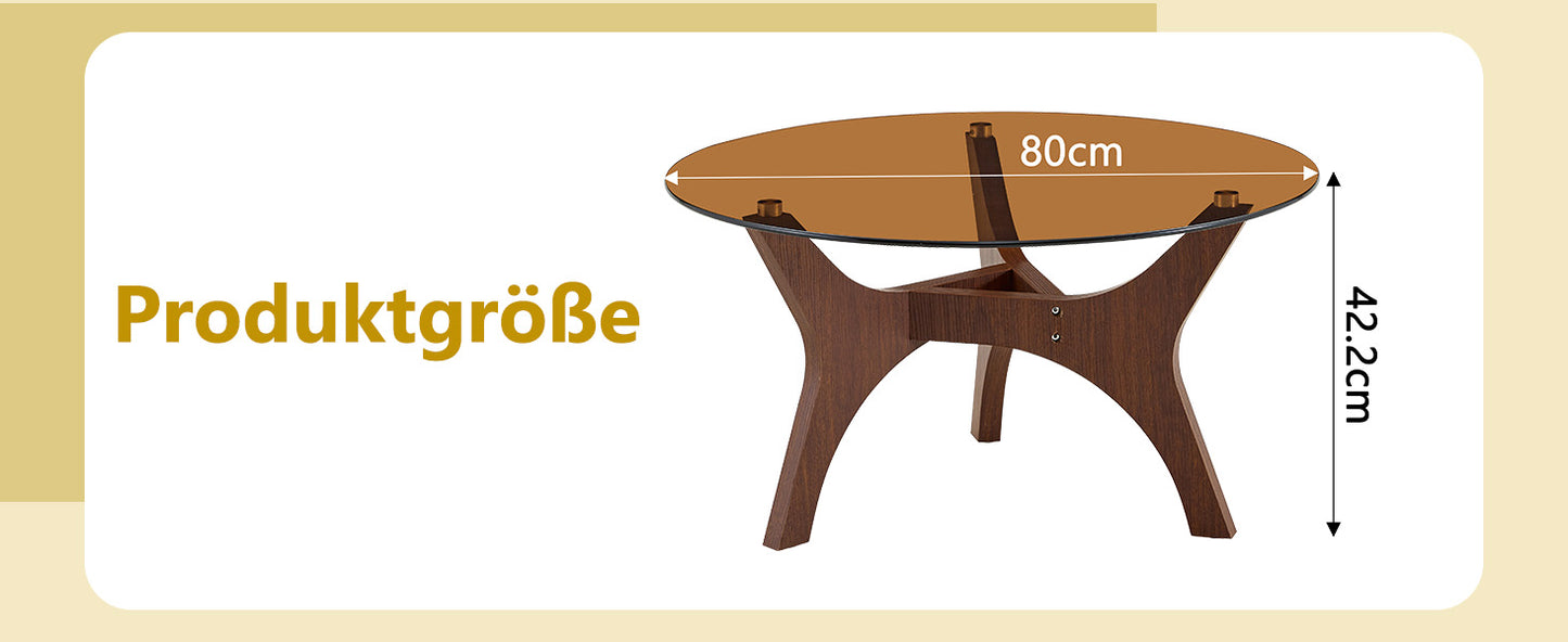 Runder Couchtisch mit Bernstein-Glasplatte, Moderner Wohnzimmertisch mit braunem Holzrahmen, Stabiler Kaffeetisch 80cm, Hitze- & Kratzfest, für Wohnzimmer, Büro & Lounge
