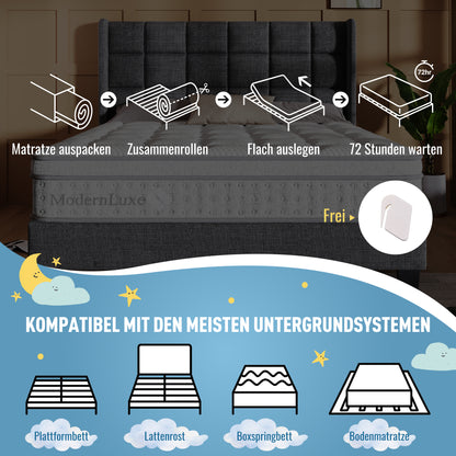Polsterbett Doppelbett 180*200, Stauraum Kopfteil mit USB und Typ C-Port ,360-Surround-LED-Funktion rund um Kopf- und Fußende des, Betten mit Hydraulisch Stauraum, Grau , Leinen(Mit Matratze)