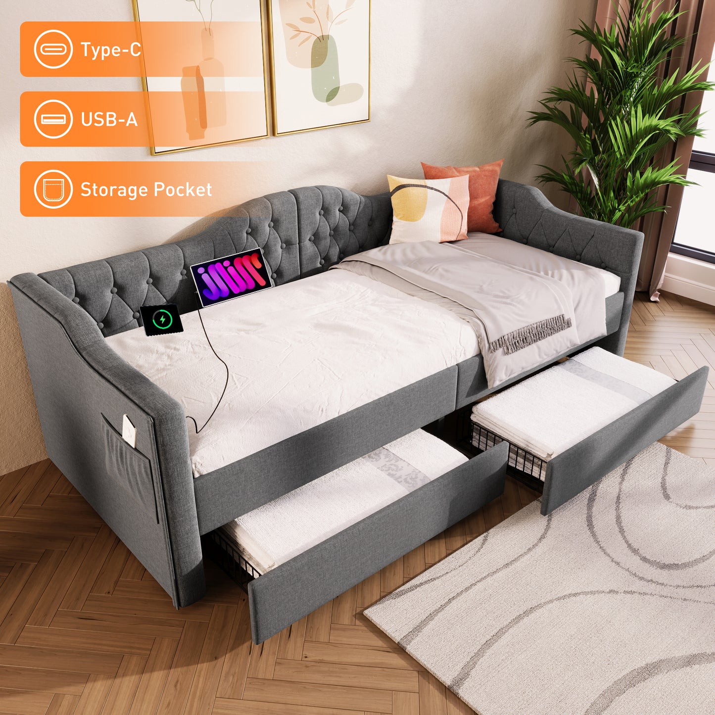 Gigab2b original image - Polsterbett Daybett Schlafsofa Stauraumbetten Bettgestell mit USB Type C Ladefunktion und 2 Schubladen 90x200cm in Grau Linen (Ohne Matratze)
