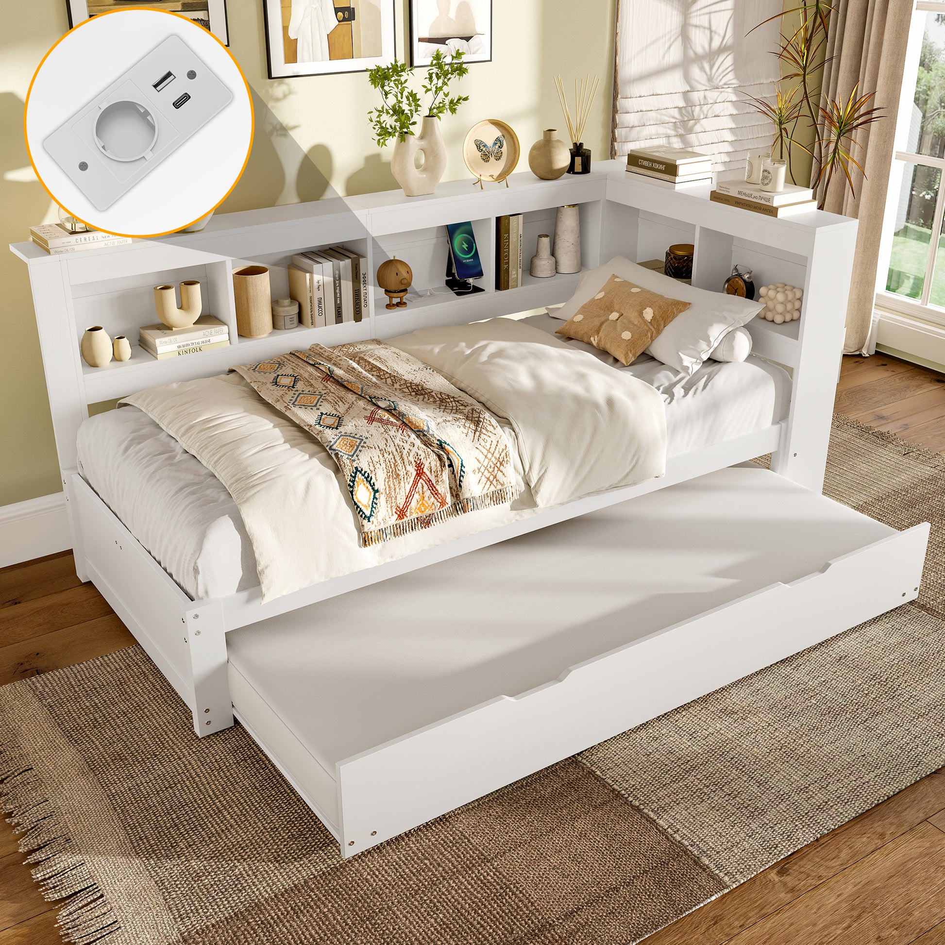 Daybett, 90 x 200 cm, Schlafsofa, Tagesbett  mit ausziehbarem Bett, Mit Steckdose und 2 USB-Anschlüssen, Bett mit Lattenrost (ohne Matratze), Spanplatte, Weiß