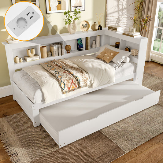 Daybett, 90 x 200 cm, Schlafsofa, Tagesbett  mit ausziehbarem Bett, Mit Steckdose und 2 USB-Anschlüssen, Bett mit Lattenrost (ohne Matratze), Spanplatte, Weiß