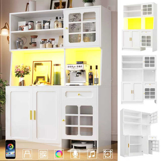 Gigab2b original image - Küchenschrank (130 x 45 x 180 cm), hoher Küchenschrank, Sideboard, Küchenschrank mit Glastüren und LED-Beleuchtung, Weiß