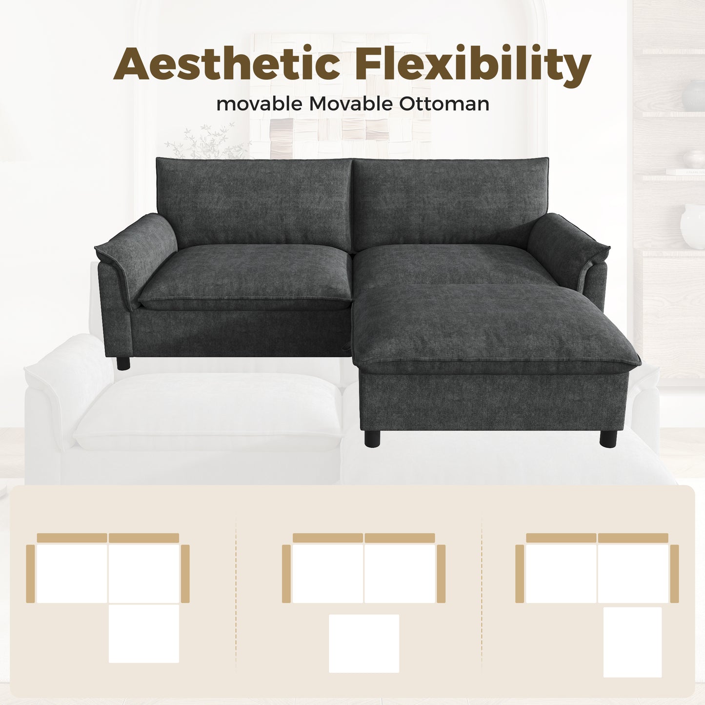 Modulares Cloud-Sectional-Sofa, komfortables Ecksofa für das Wohnzimmer, modernes Deep-Seat-Design, übergroßes Cloud-Sofa, mit 1 beweglichen Fußhocker, hohe Rückenlehne, Schwarz, B216 × H82 × T77 cm