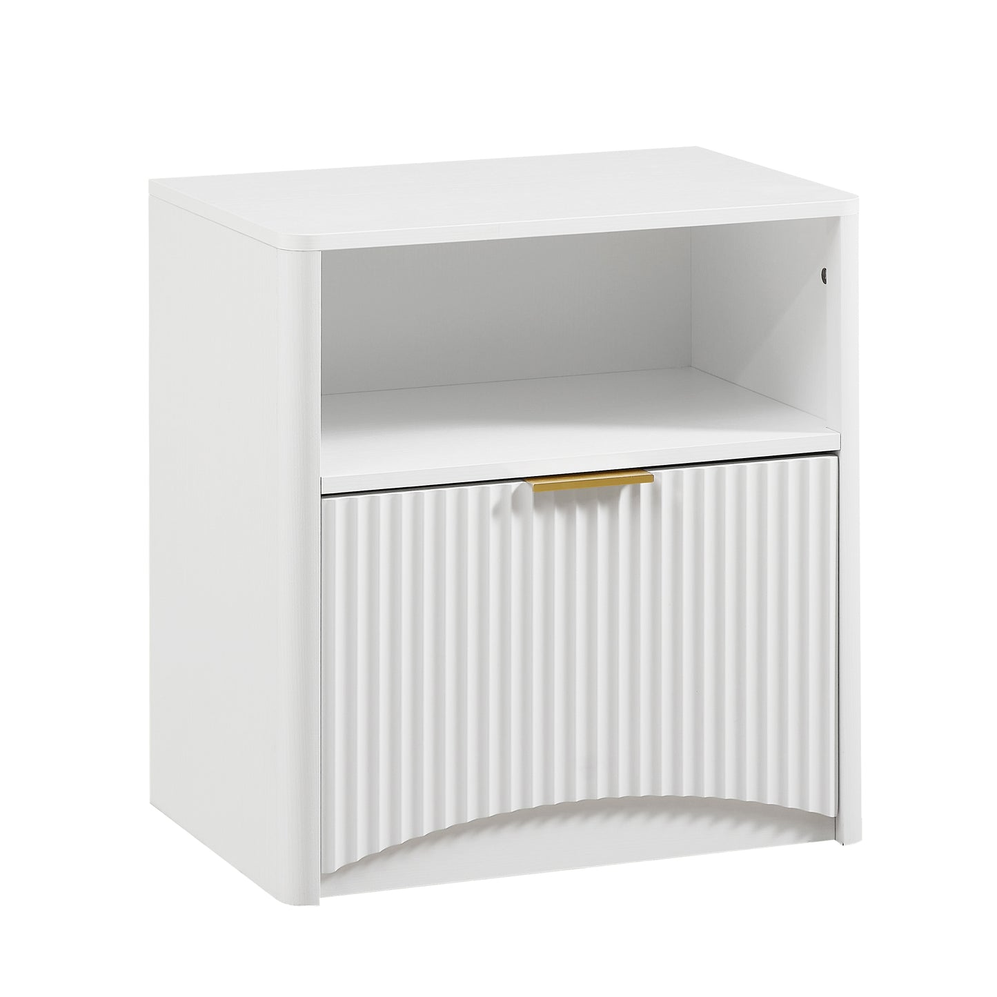 Space-Saving Nightstand with Open Drawer and Gold Knobs